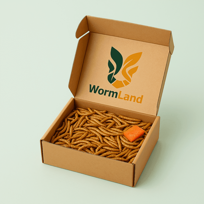 جعبه بسته‌بندی برند ورمزلند WormLand پر از کرم میلورم زنده، خوراکی برای تغذیه پرندگان، مکمل حیوانات خانگی و تغذیه آبزیان