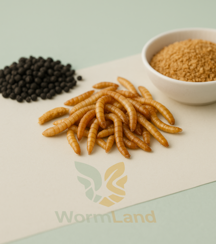 تخم و لارو میلورم روی پس‌زمینه کرم با واترمارک WormsLand – تخم سوسک تاریکی و لارو کوچک برای پرورش میلورم