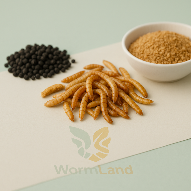 تخم و لارو میلورم روی پس‌زمینه کرم با واترمارک WormsLand – تخم سوسک تاریکی و لارو کوچک برای پرورش میلورم